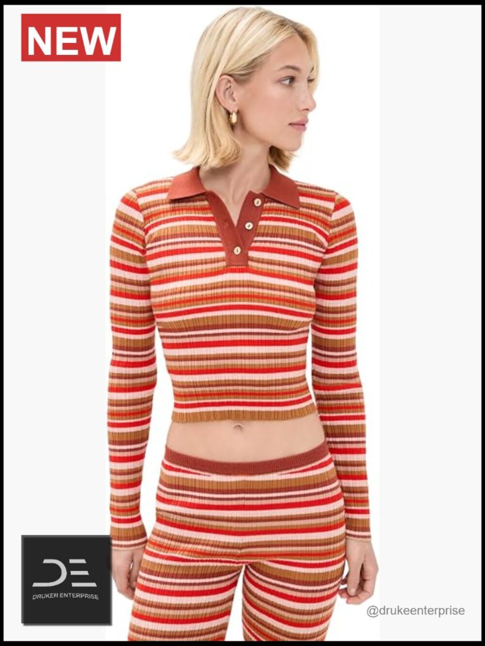 Women's Striped Polo Neck Long Sleeve Ribbed Knit Shirt